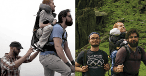FRIENDS CARRY THEIR DESABLED FRIENDS WITH THEM SO HE CAN SEE THE WORLD